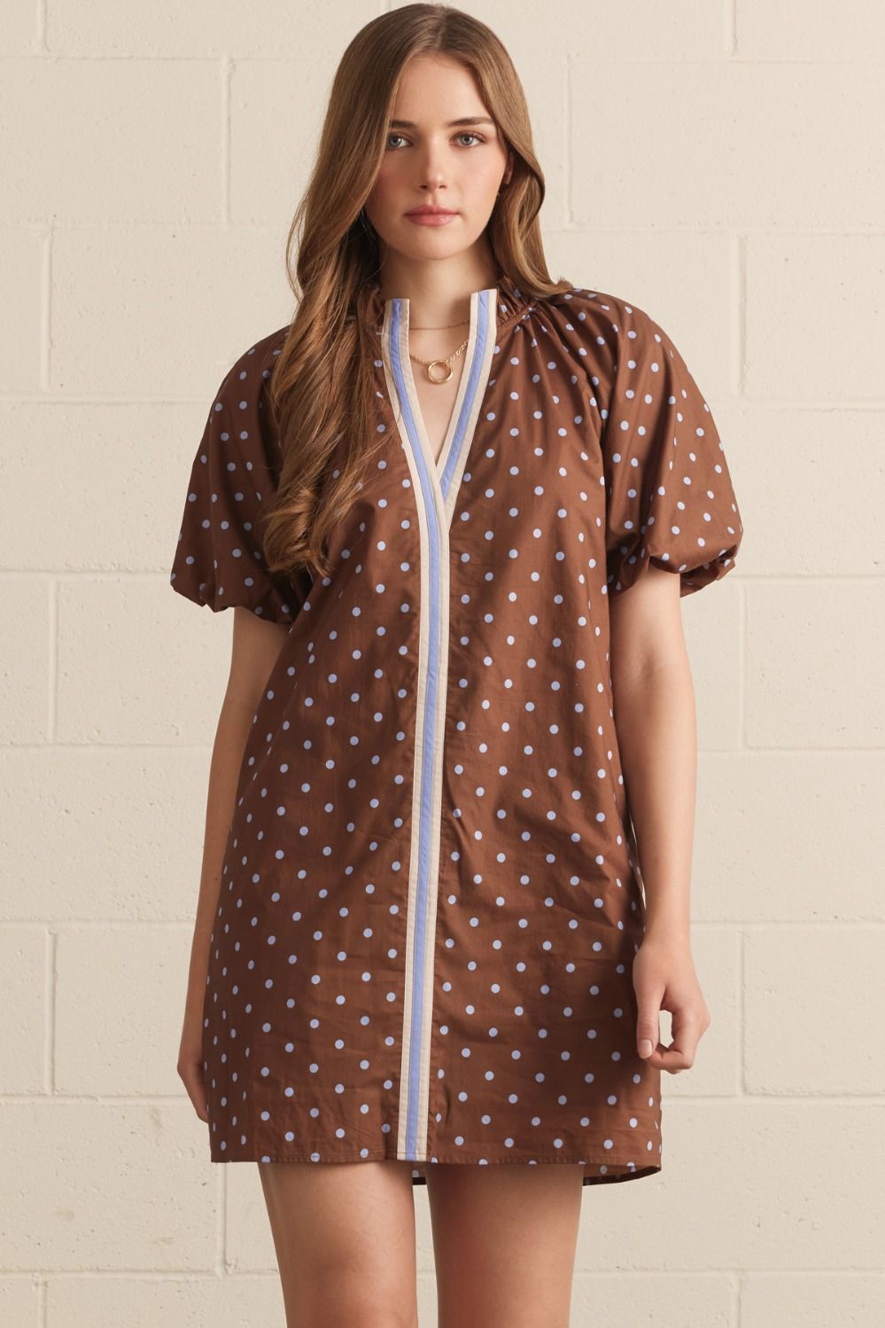 ENTRO Polka Dot Short Puff Sleeve Mini Dress With Contrast Binding In Brown *COMING SOON*