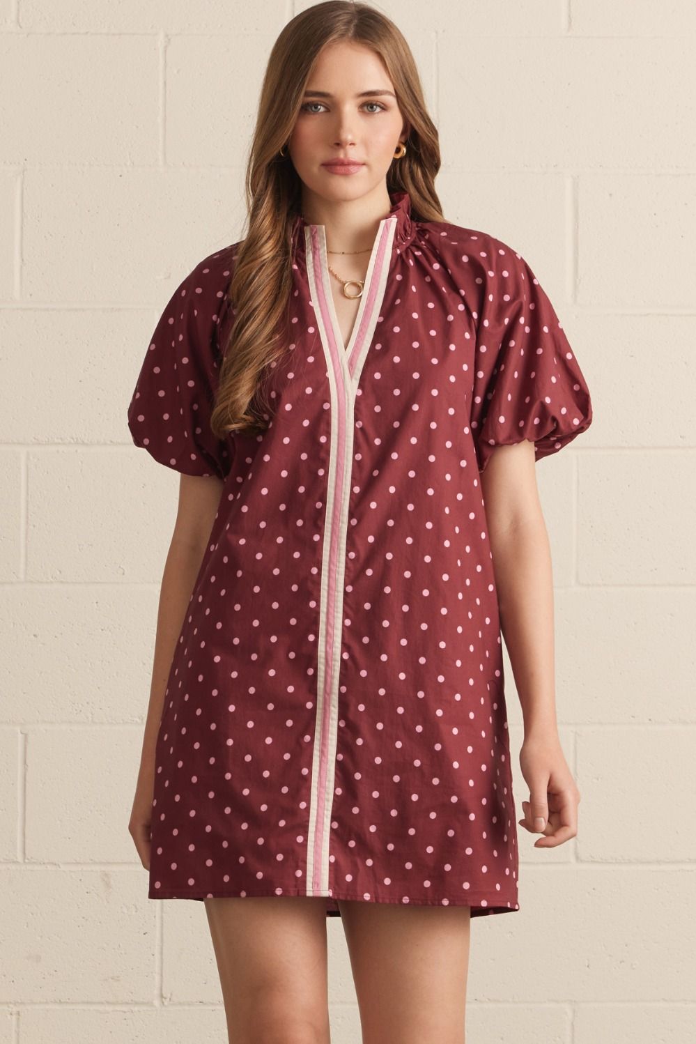 ENTRO Polka Dot Short Puff Sleeve Mini Dress With Contrast Binding In Burgundy *COMING SOON*