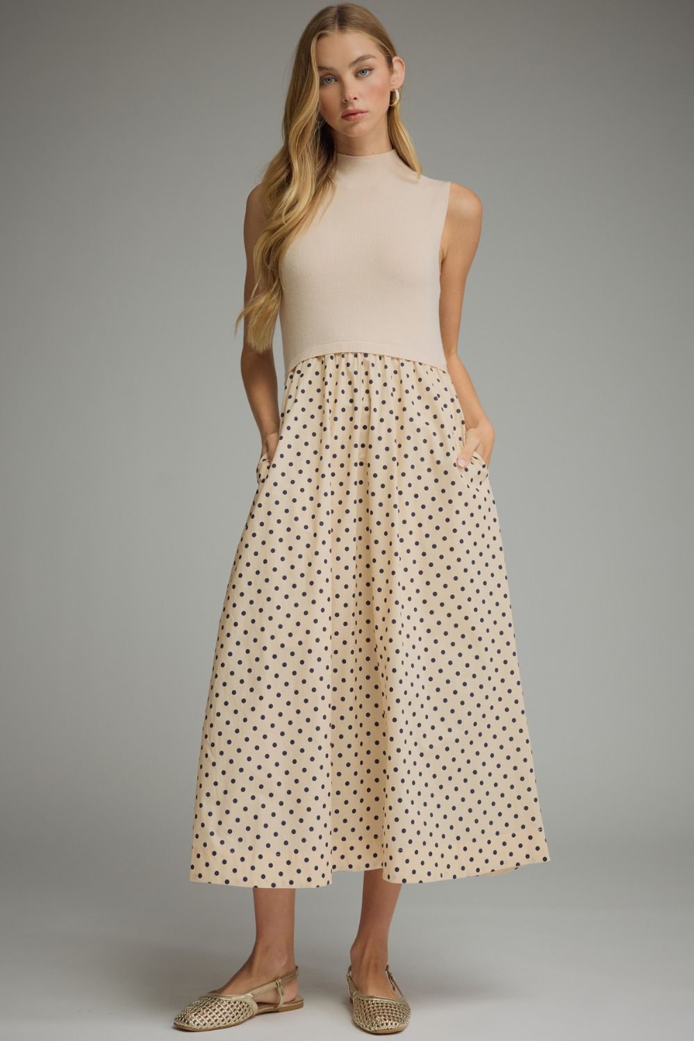 ENTRO Polka Dot Sleeveless Midi Dress In Ecru *COMING SOON*