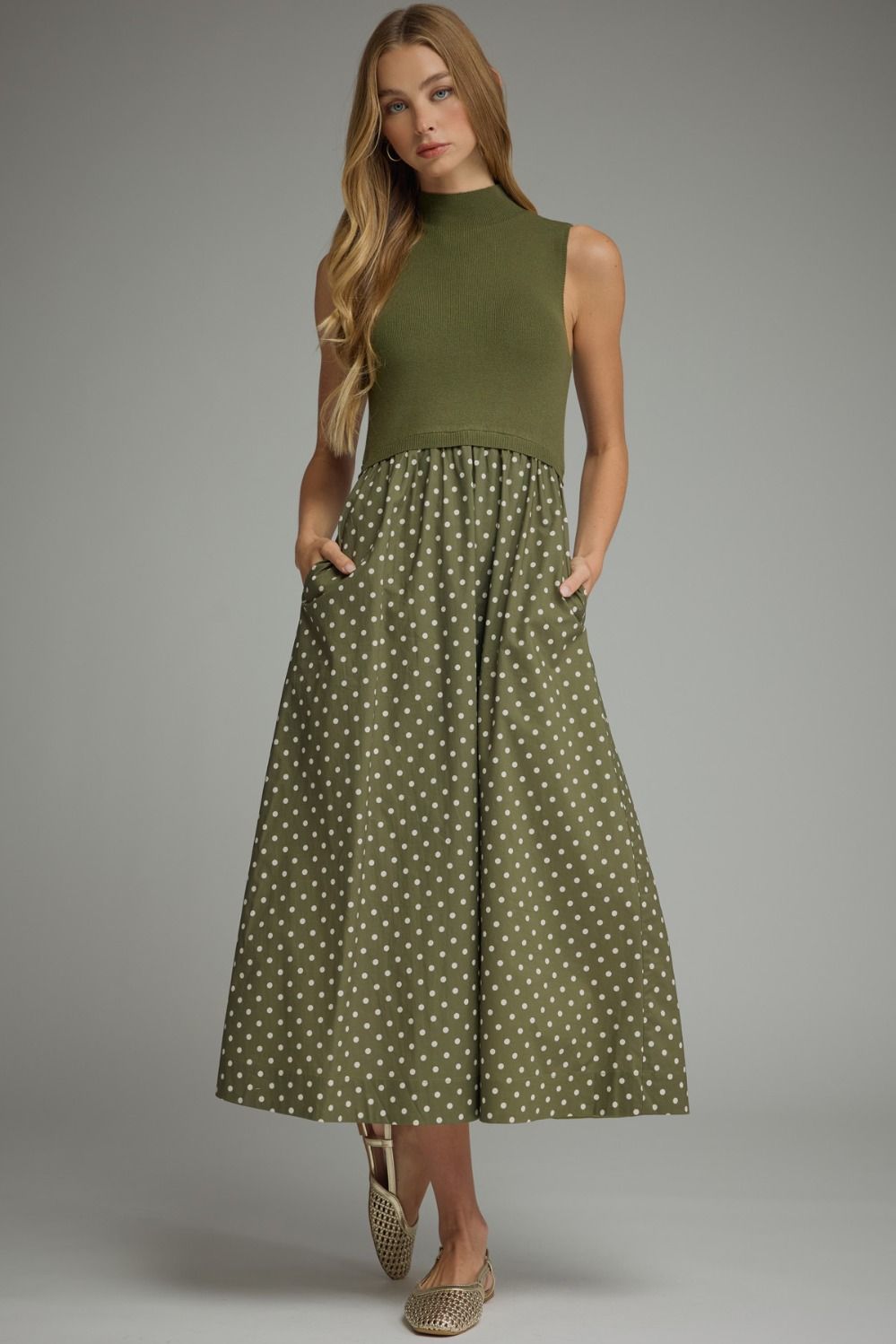 ENTRO Polka Dot Sleeveless Midi Dress In Olive *COMING SOON*