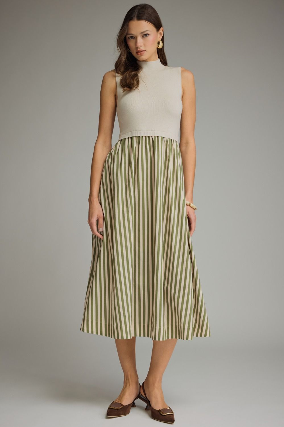 ENTRO Mock Neck Sleeveless Midi Dress With Stripes In Ecru