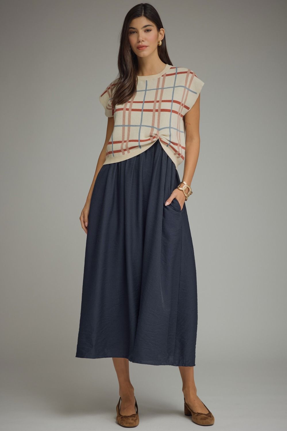 ENTRO Solid Sleeveless Midi Dress With Removable Plaid Pullover In Ecru