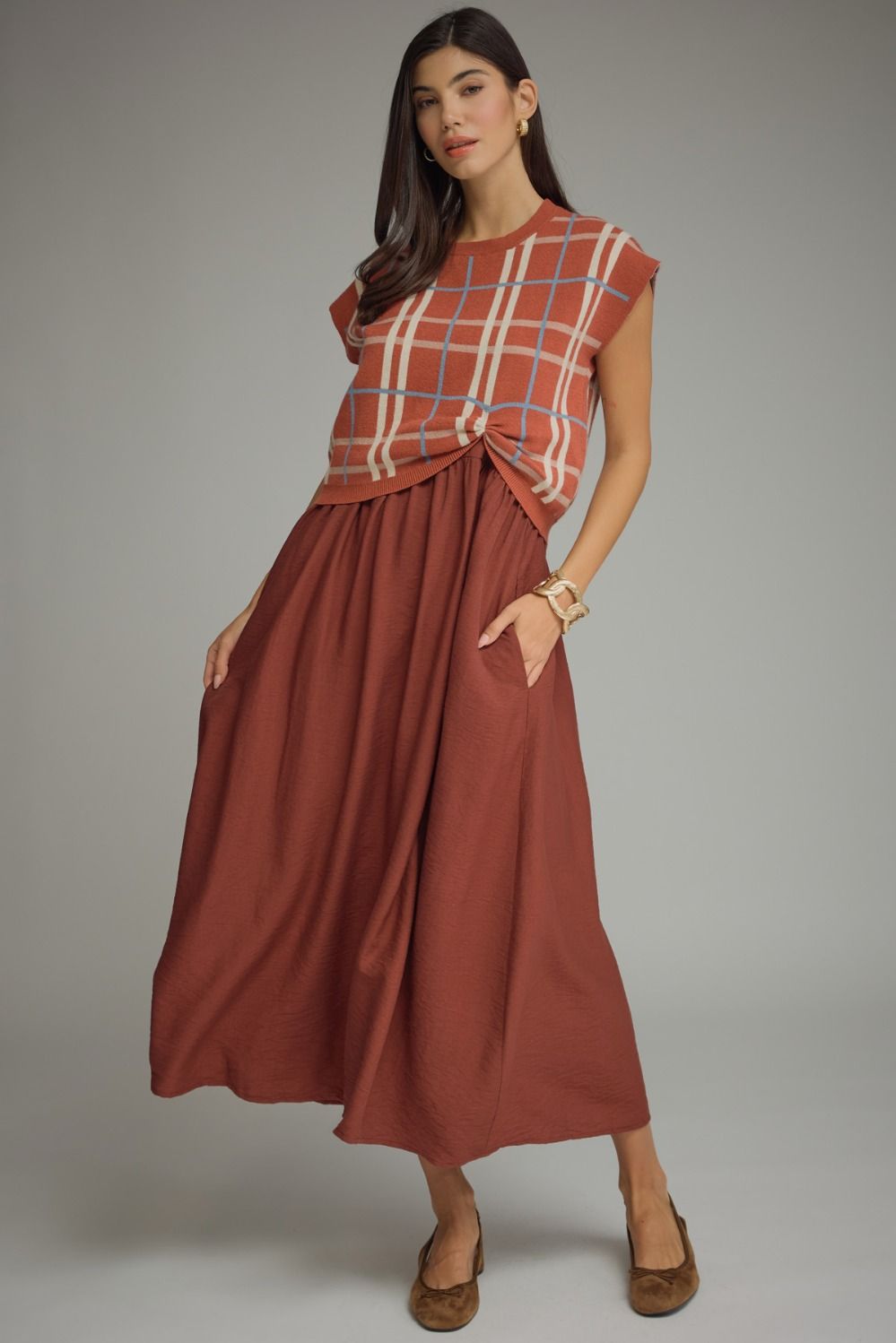 ENTRO Solid Sleeveless Midi Dress With Removable Plaid Pullover In Rust *COMING SOON*
