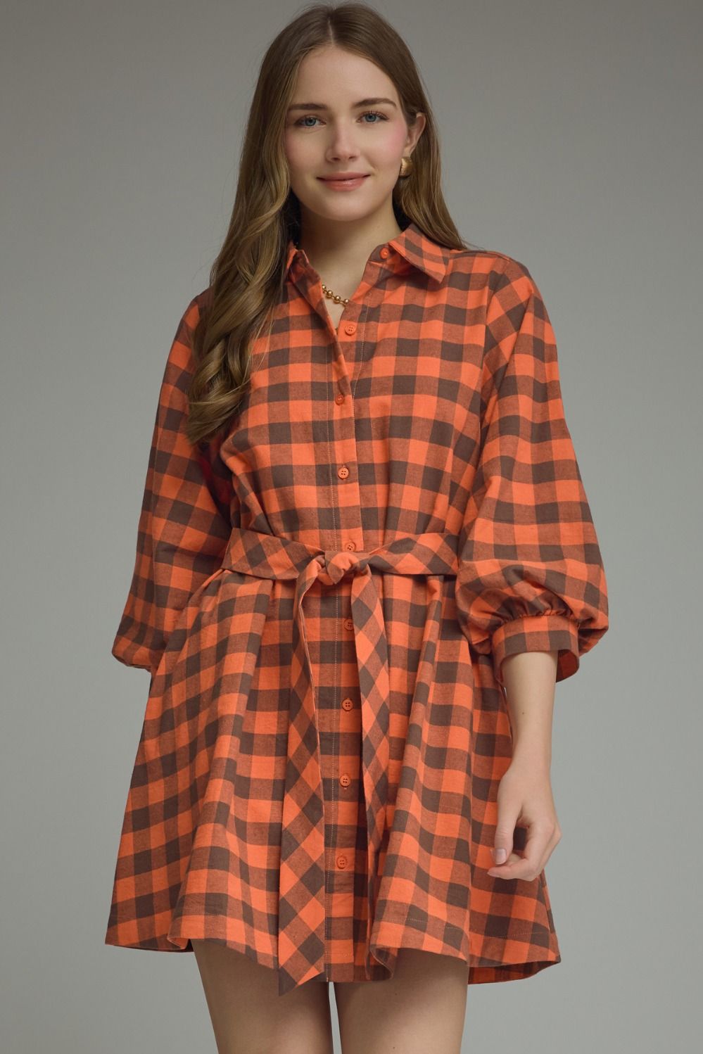 ENTRO Plaid 3/4 Sleeve Dress In Pumpkin