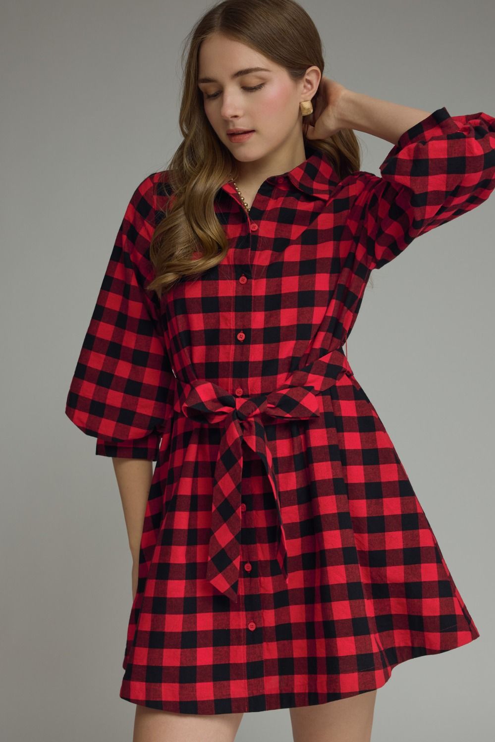 ENTRO Plaid 3/4 Sleeve Dress In Red
