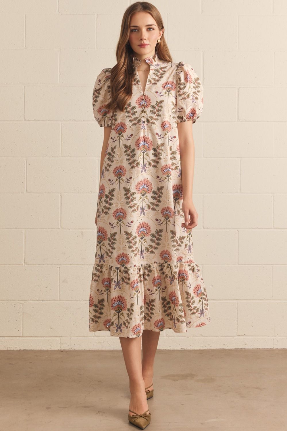 Entro Floral Print Puff Sleeve Midi Dress In Ecru