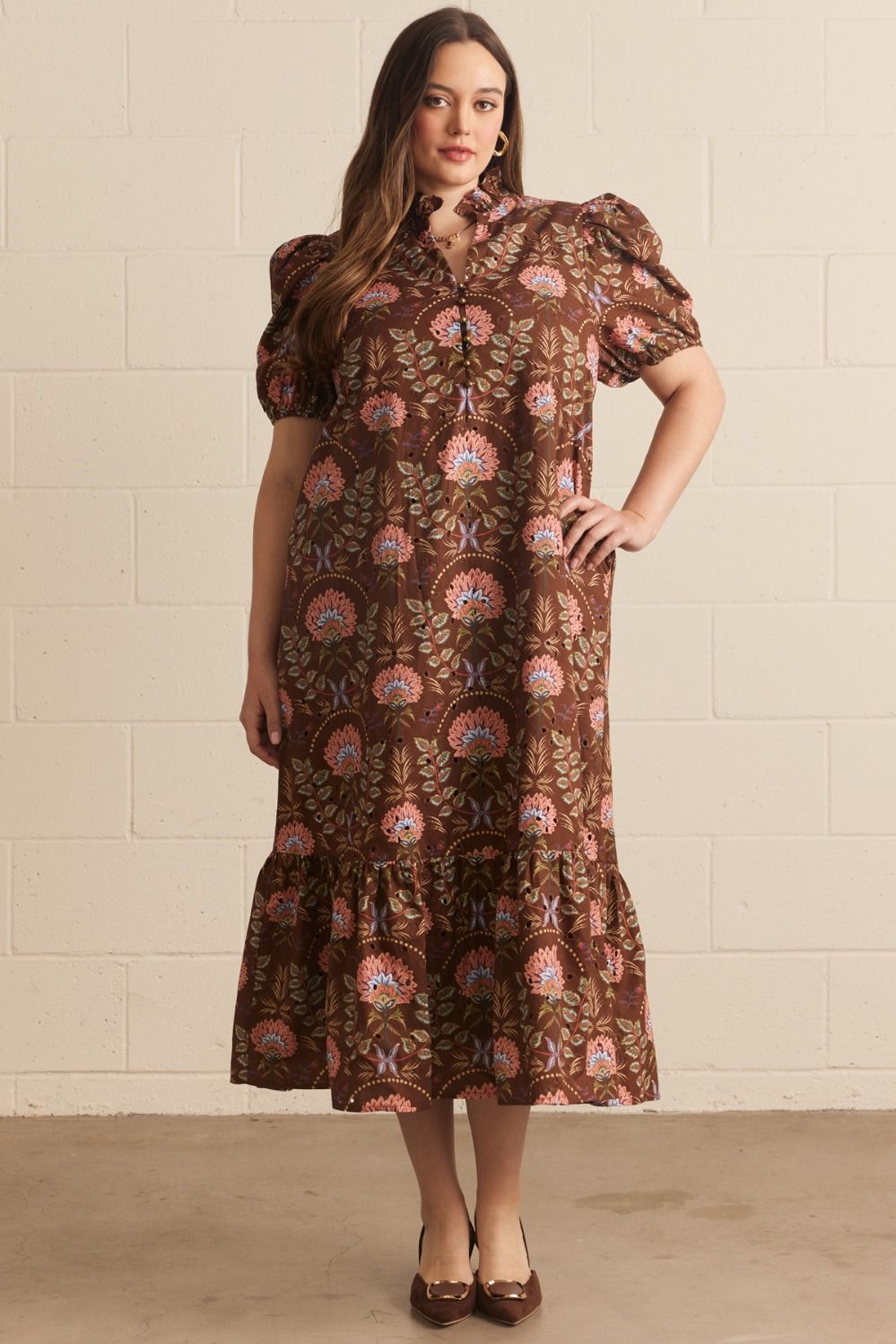 ENTRO Floral Print Puff Sleeve Midi Dress In Brown PLUS Sizes *COMING SOON*