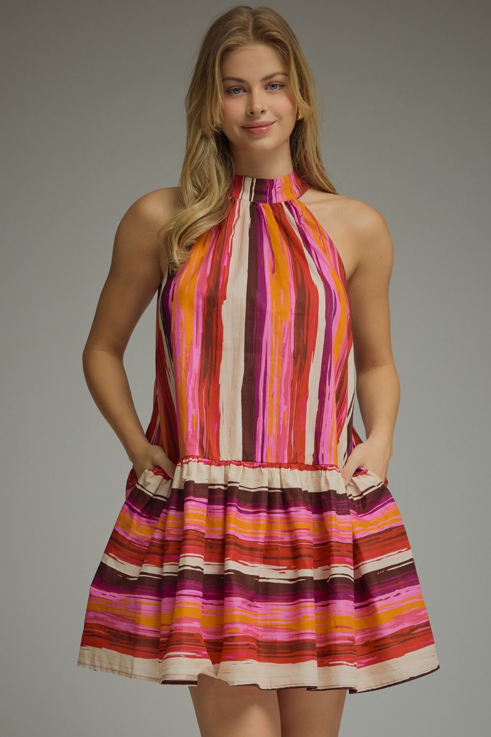 ENTRO Striped Print Sleeveless Mini Dress With Tie Halter In Plum Combo *COMING SOON*