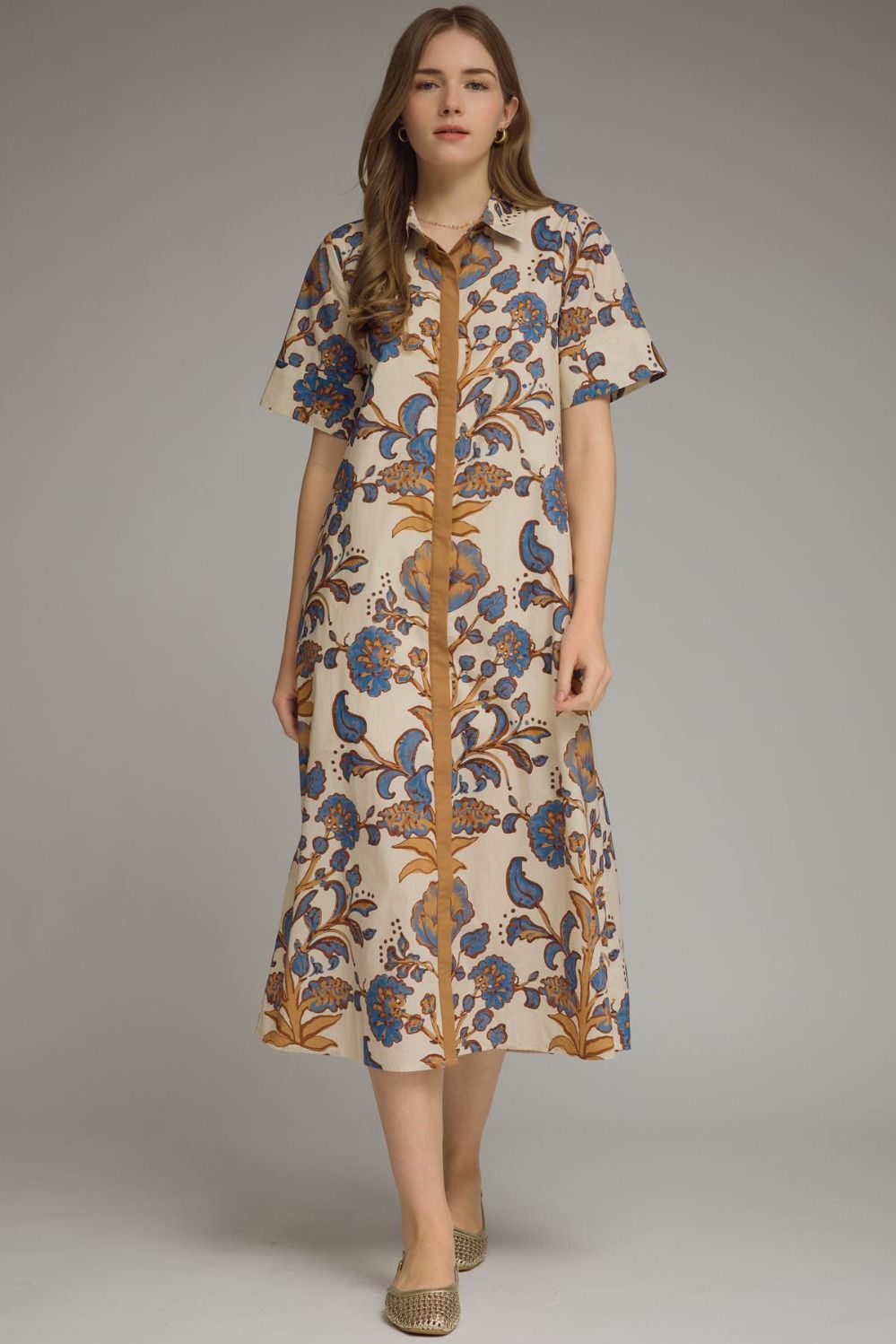 ENTRO Floral Midi Dress With Contrast Trim In Ecru