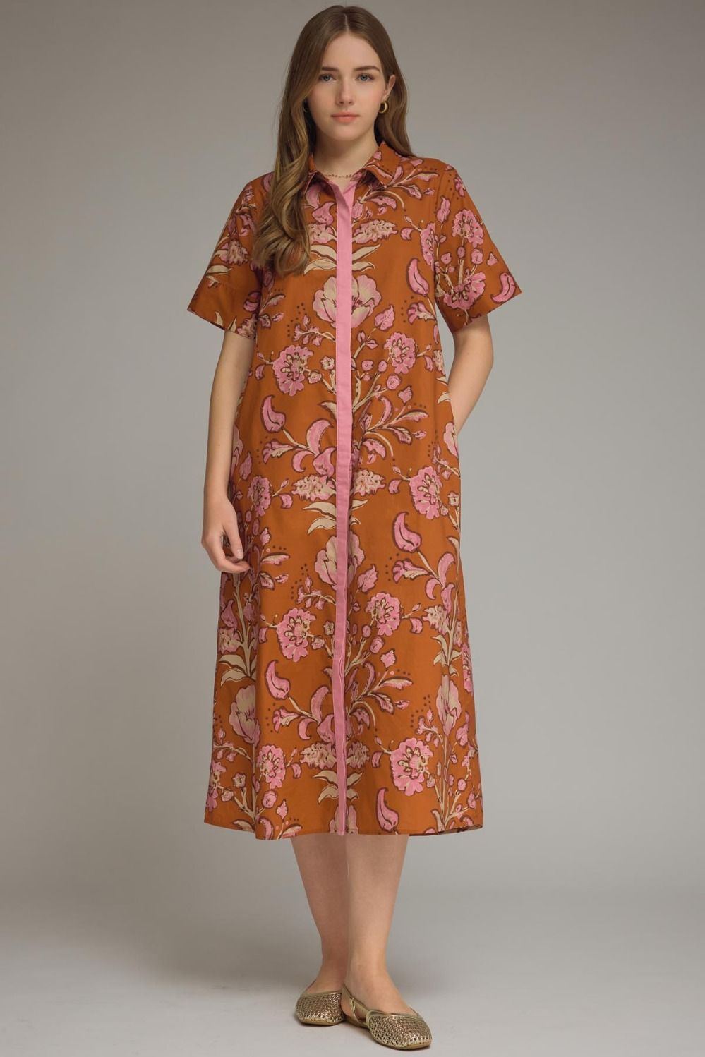 ENTRO Floral Midi Dress With Contrast Trim In Rust