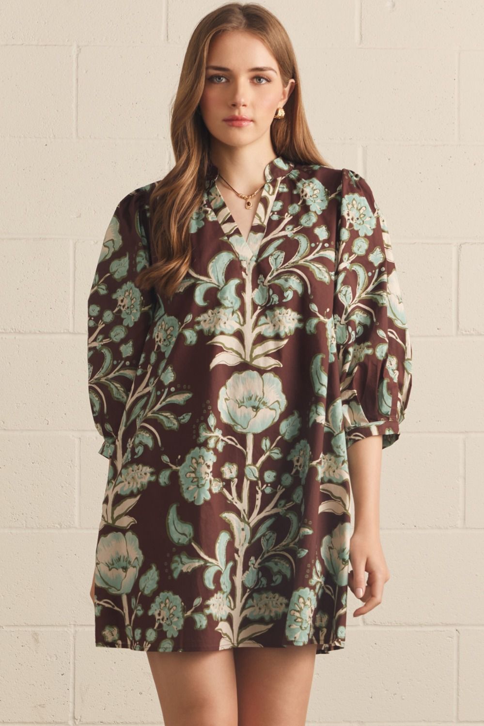 ENTRO Floral Print 3/4 Puff Sleeve Mini Dress In Chocolate