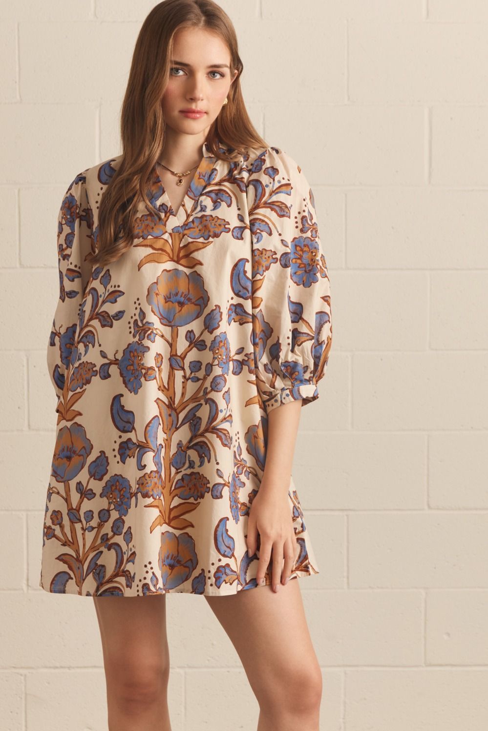 ENTRO Floral Print 3/4 Puff Sleeve Mini Dress In Ecru