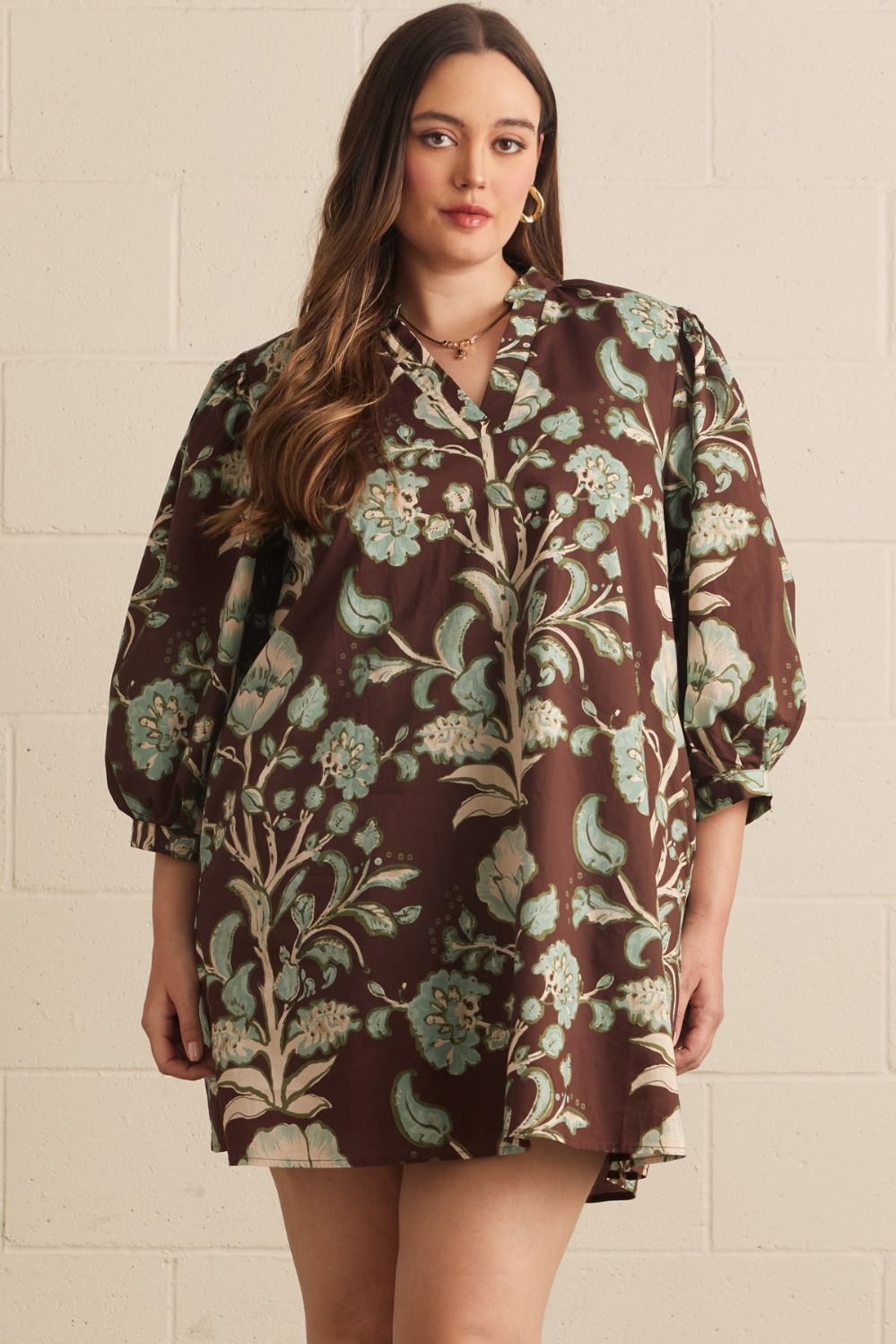 ENTRO Floral Print 3/4 Puff Sleeve Mini Dress In Chocolate PLUS Sizes