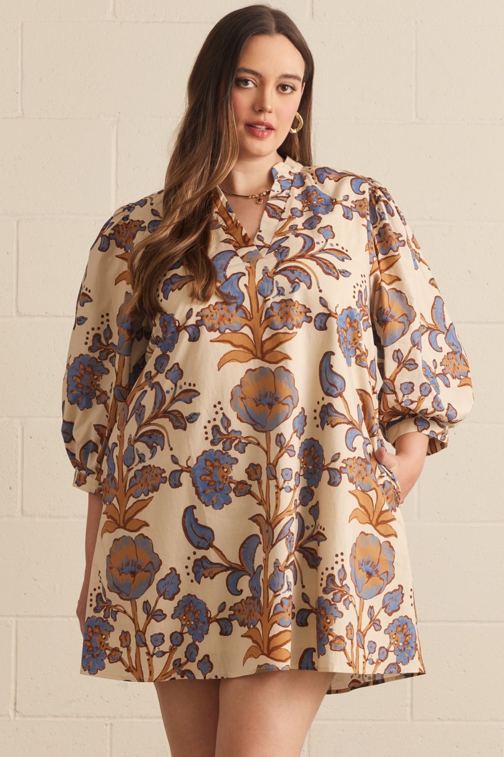 ENTRO Floral Print 3/4 Puff Sleeve Mini Dress In Ecru PLUS Sizes