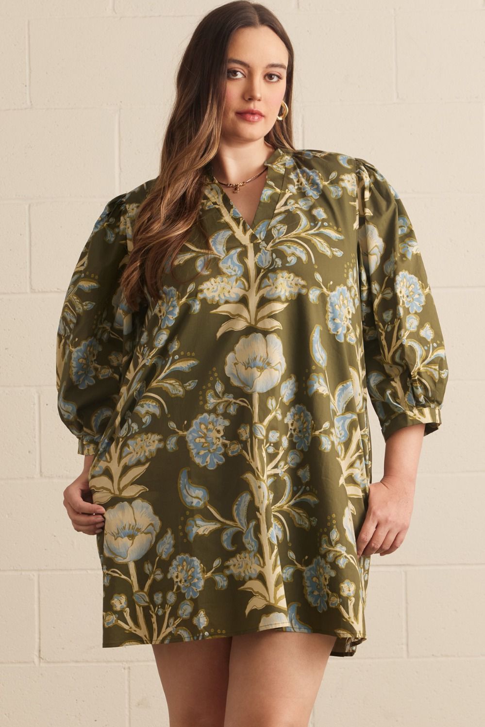 ENTRO Floral Print 3/4 Puff Sleeve Mini Dress In Chocolate PLUS Sizes
