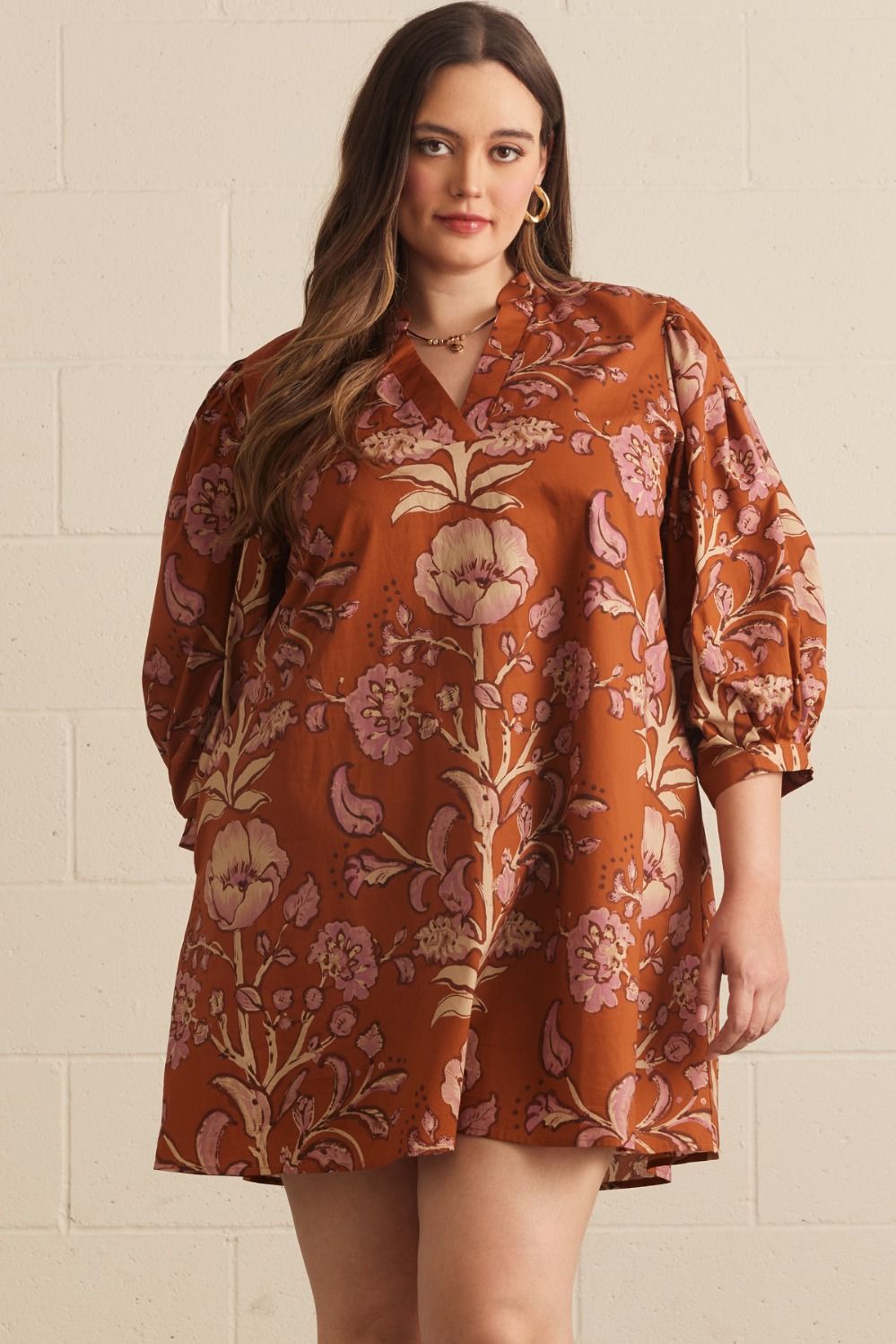 ENTRO Floral Print 3/4 Puff Sleeve Mini Dress In Rust PLUS Sizes