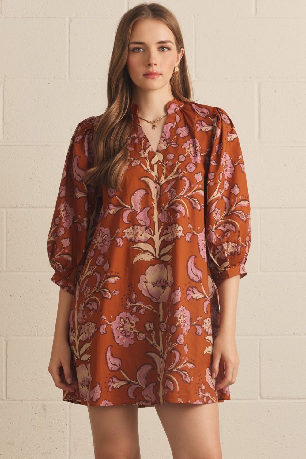 ENTRO Floral Print 3/4 Puff Sleeve Mini Dress In Rust
