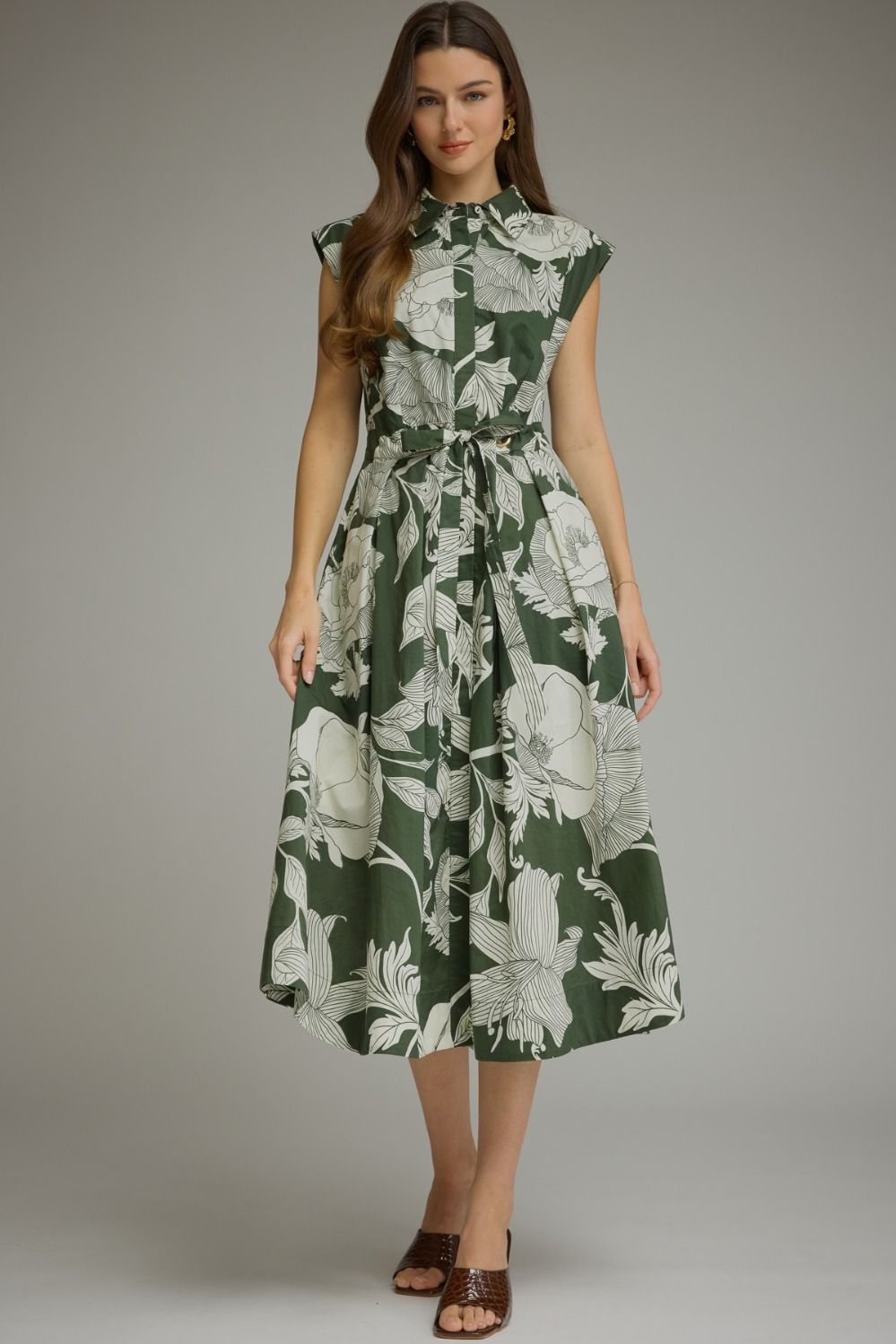 Entro Floral Sleeveless Midi Dress In Fern