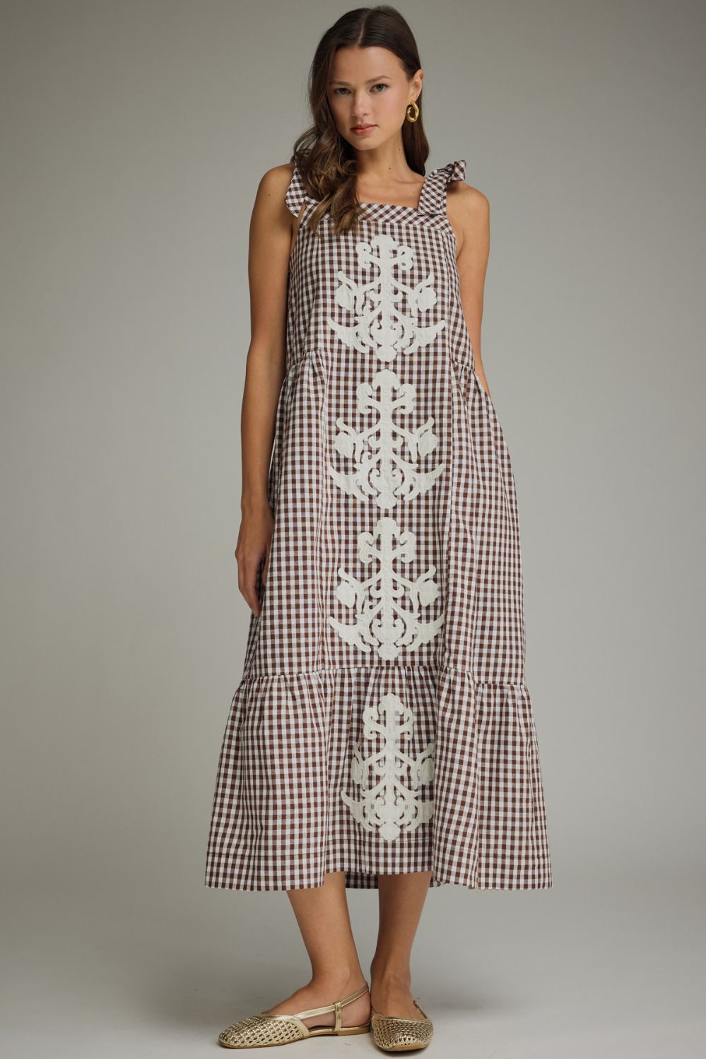 ENTRO Gingham Sleeveless Midi Dress With Embroidery In Chocolate *COMING SOON*