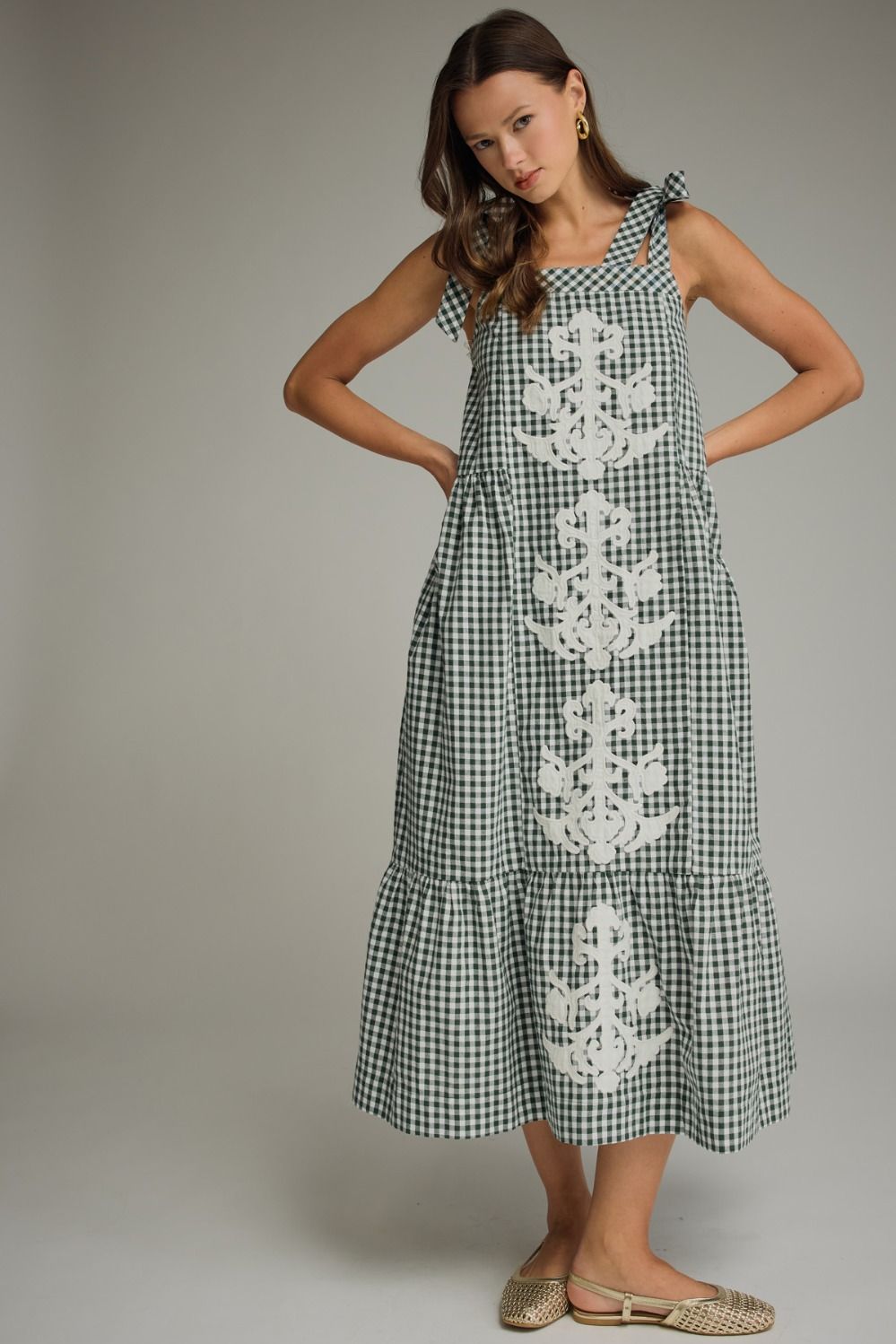 ENTRO Gingham Sleeveless Midi Dress With Embroidery In Hunter Green *COMING SOON*