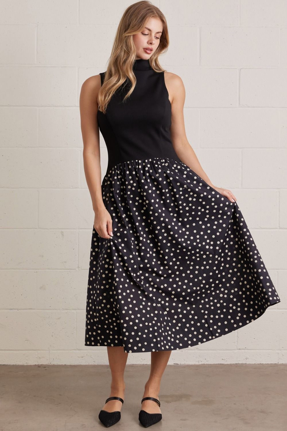 ENTRO Polka Dot Sleeveless Midi Dress In Black *COMING SOON*