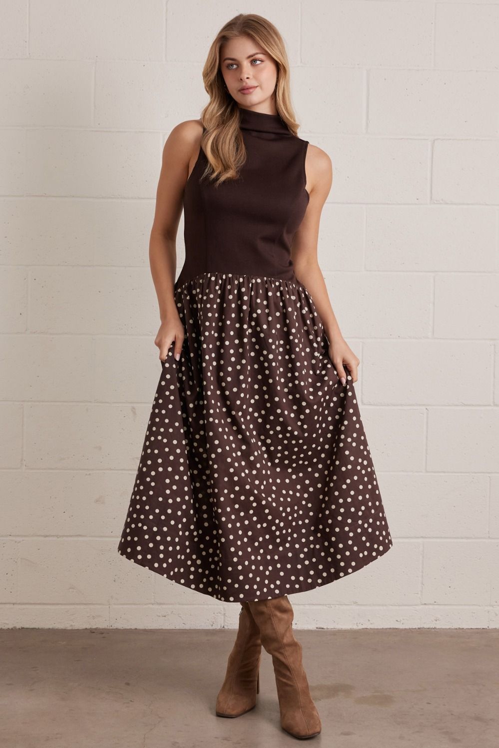 Entro Polka Dot Sleeveless Midi Dress With Mock Neck In Brown