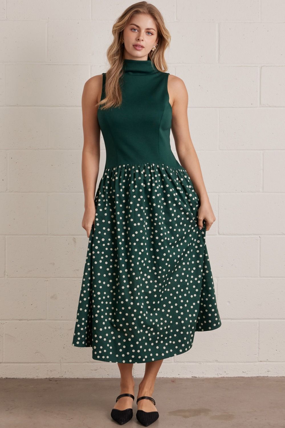 Entro Polka Dot Sleeveless Midi Dress With Mock Neck In Forest *COMING SOON*