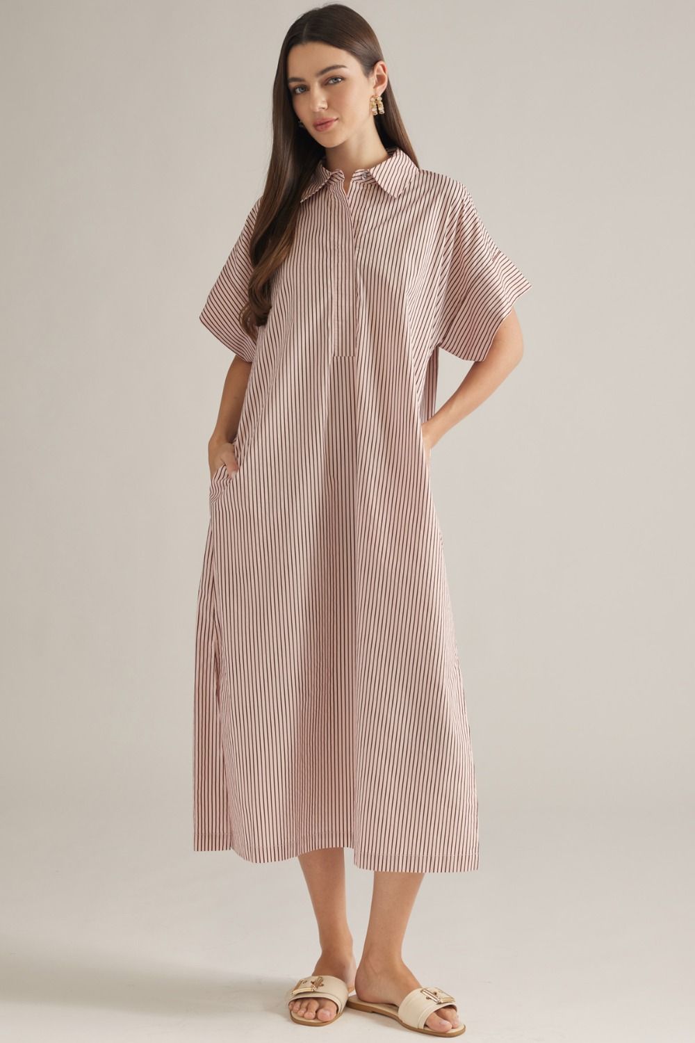 ENTRO Short Sleeve Striped Midi Dress In Pink Brown