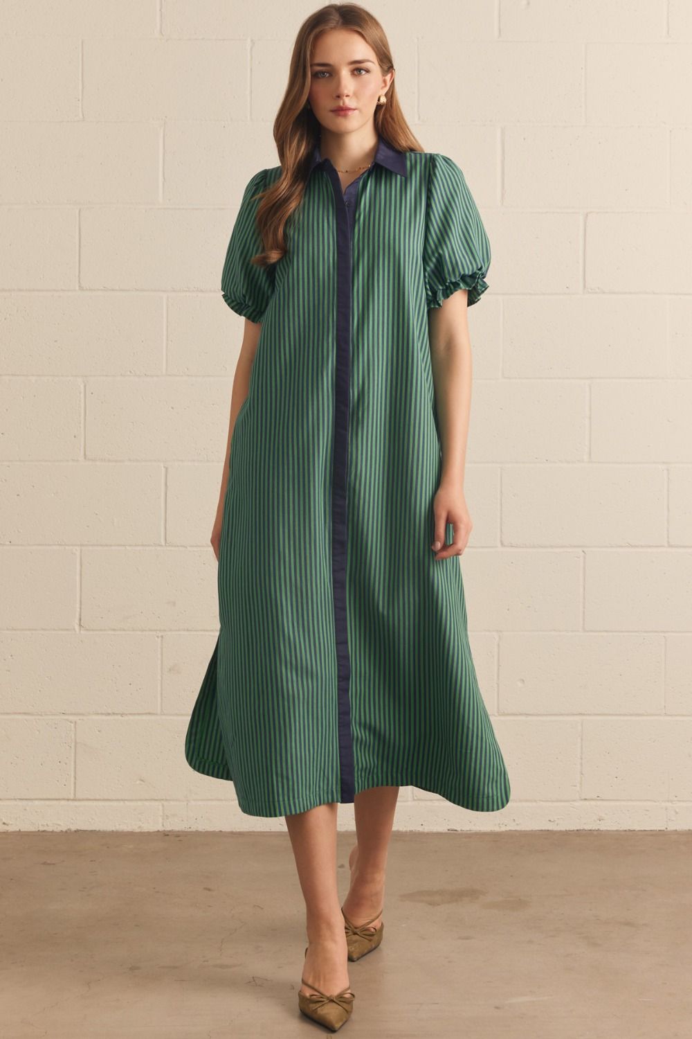 Entro Striped Print Puff Sleeve Midi Dress In Navy Green *COMING SOON*
