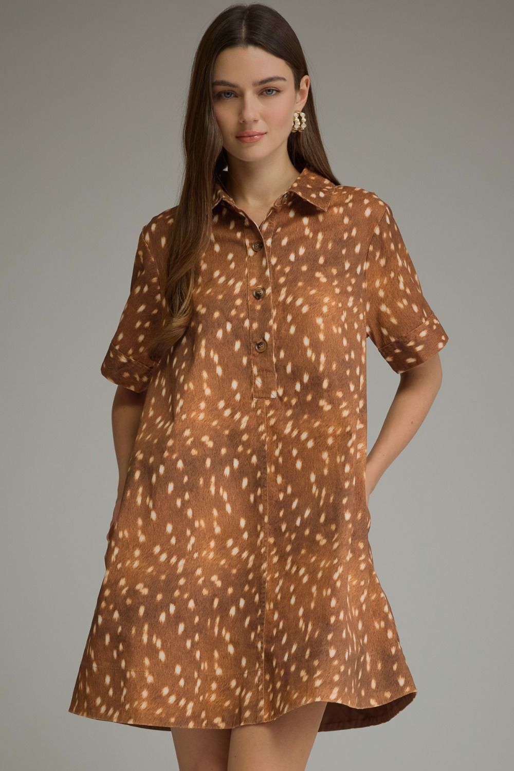 ENTRO Animal Print Short Sleeve Mini Dress In Brown