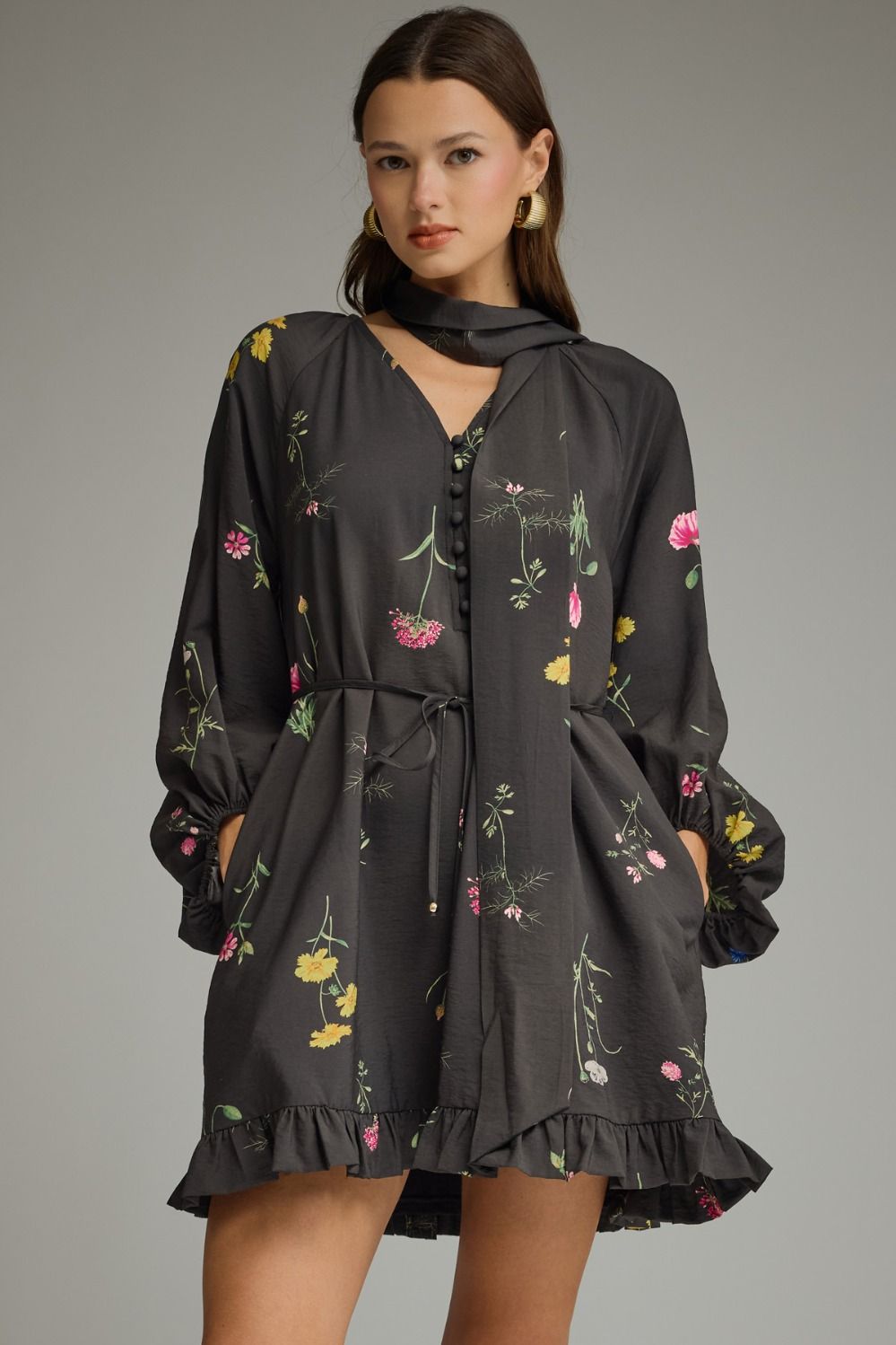 ENTRO Floral V Neck Long Sleeve Mini Dress With Scarf Tie In Black