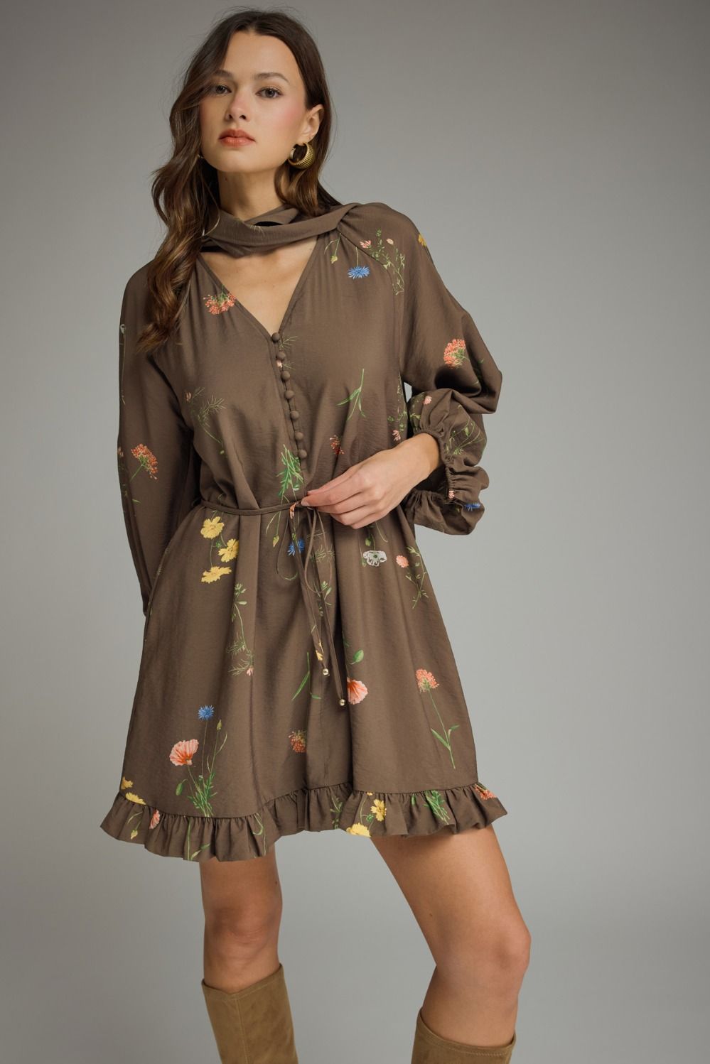 ENTRO Floral V Neck Long Sleeve Mini Dress With Scarf Tie In Brown
