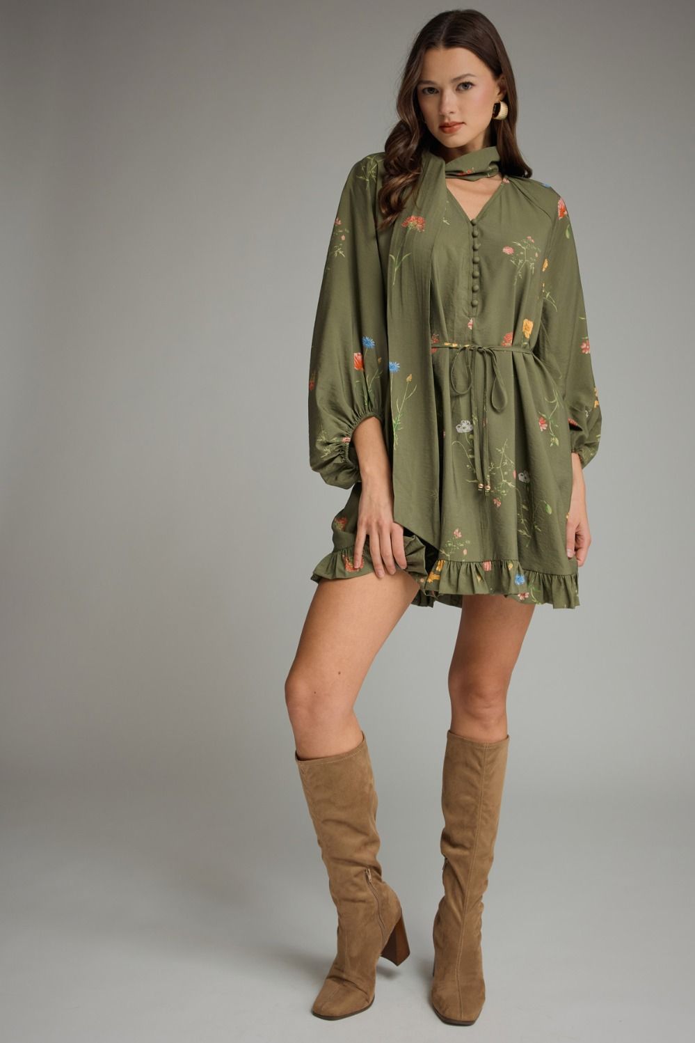 ENTRO Floral V Neck Long Sleeve Mini Dress With Scarf Tie In Olive *COMING SOON*
