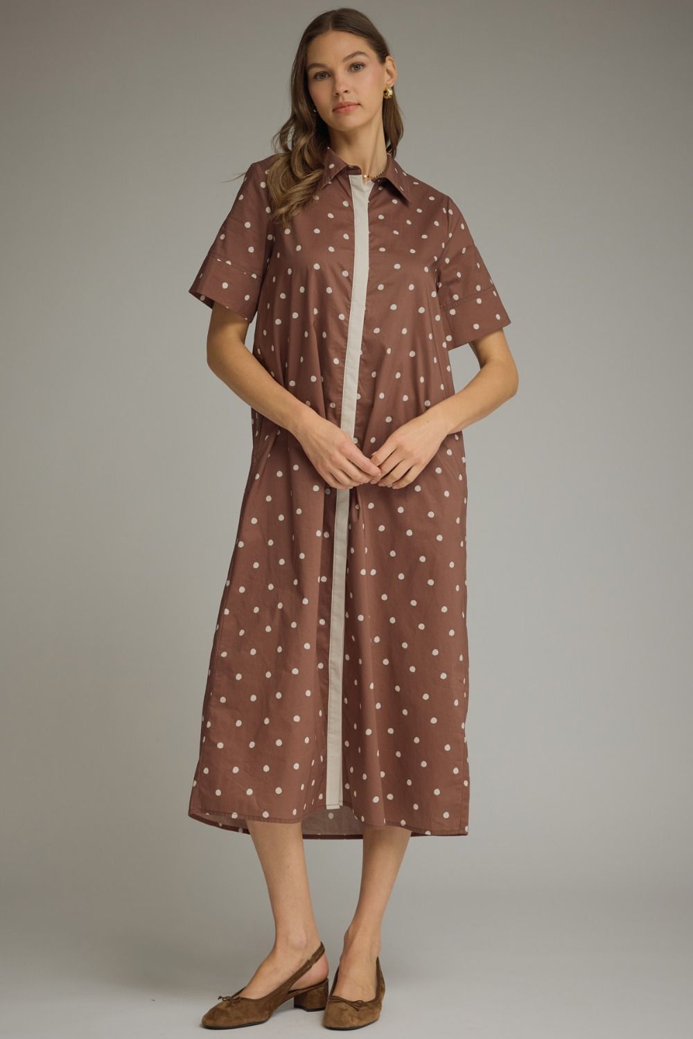 ENTRO Polka Dot Contrast Trim Midi Dress In Brown