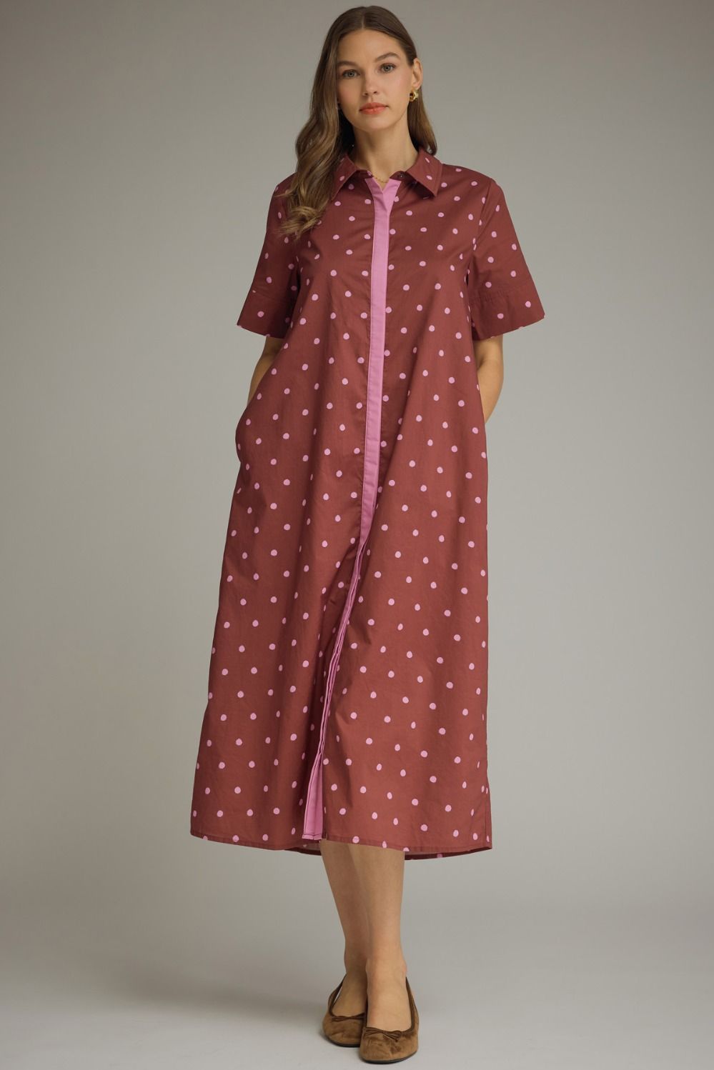 ENTRO Polka Dot Contrast Trim Midi Dress In Burgundy