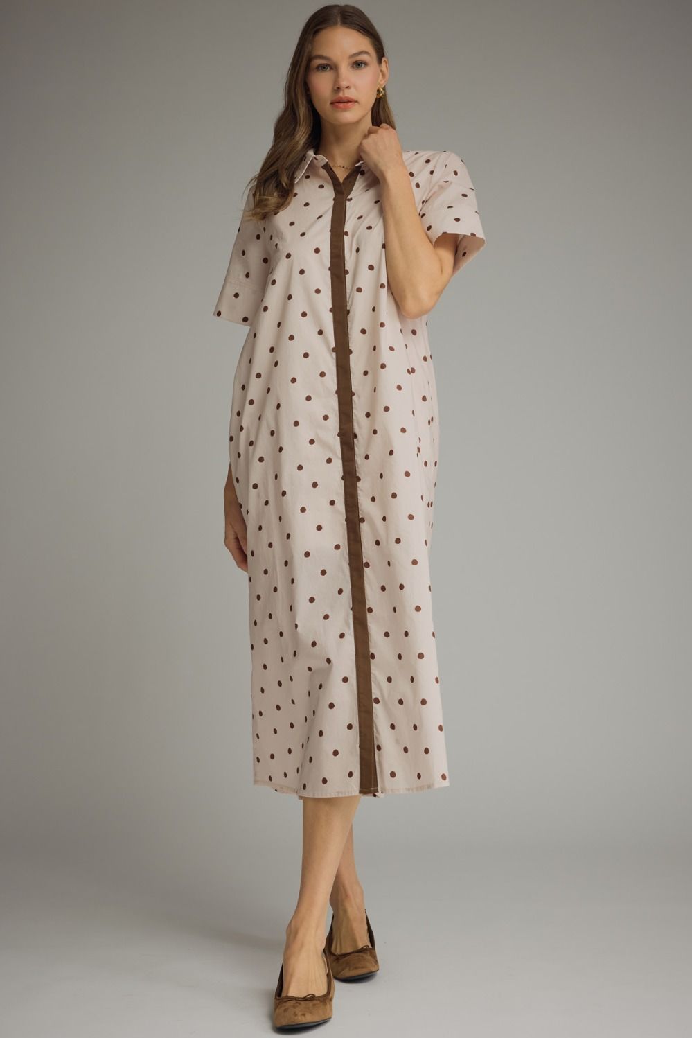 ENTRO Polka Dot Contrast Trim Midi Dress In Ecru