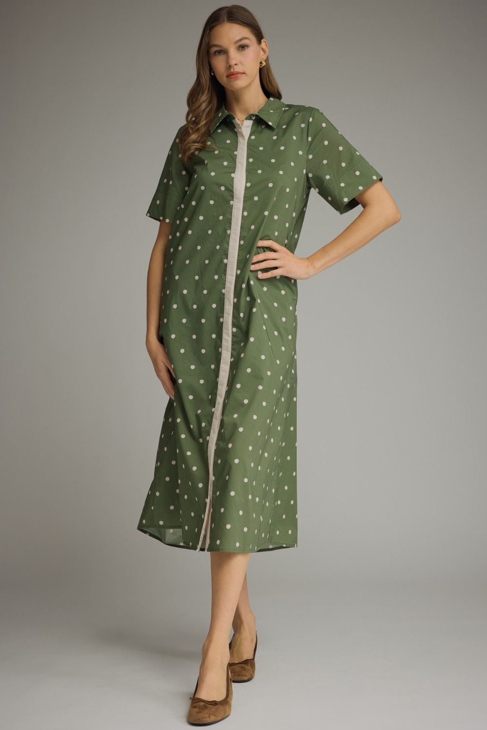 ENTRO Polka Dot Contrast Trim Midi Dress In Olive