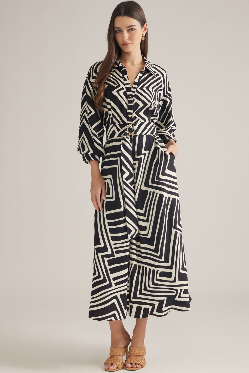 ENTRO Geometric Balloon Sleeve Midi Dress In Black *COMING SOON*