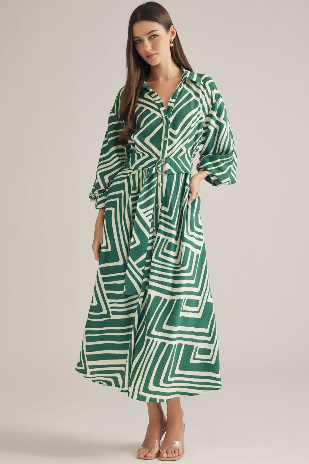 ENTRO Geometric Balloon Sleeve Midi Dress In Hunter Green *COMING SOON*