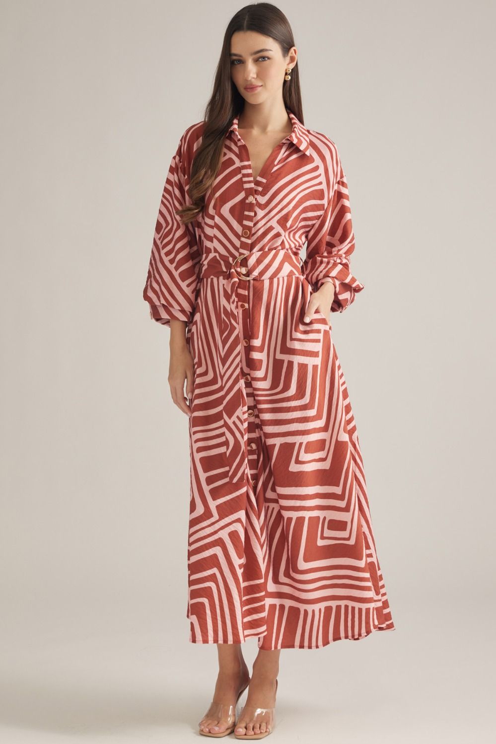 ENTRO Geometric Balloon Sleeve Midi Dress In Pink Brown *COMING SOON*