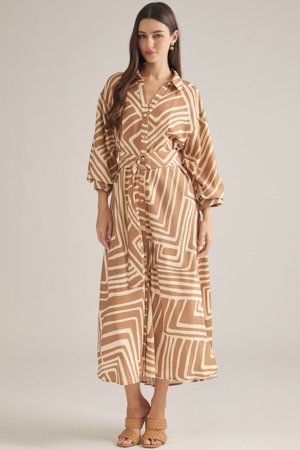 ENTRO Geometric Balloon Sleeve Midi Dress In Tan *COMING SOON*