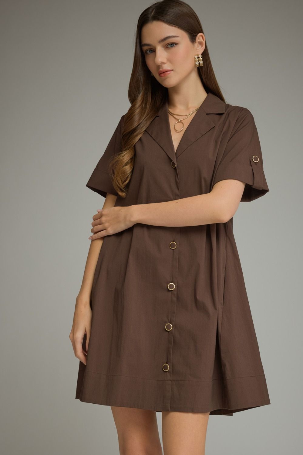 ENTRO Solid Short Sleeve Mini Dress With Shirt Collar In Brown