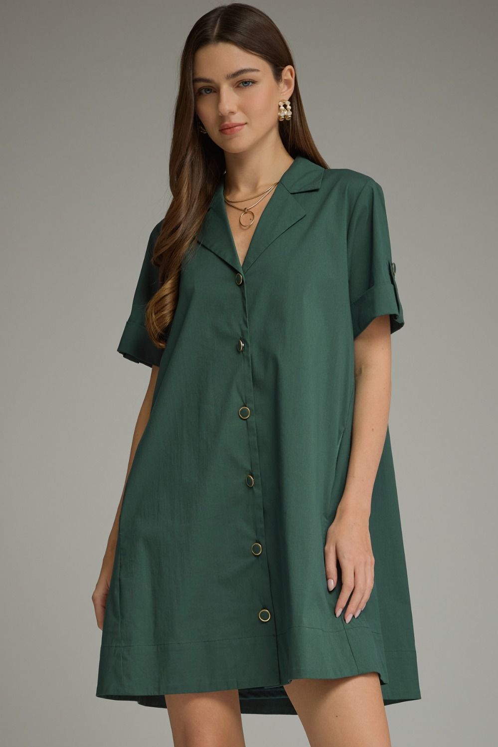 ENTRO Solid Short Sleeve Mini Dress With Shirt Collar In Hunter Green