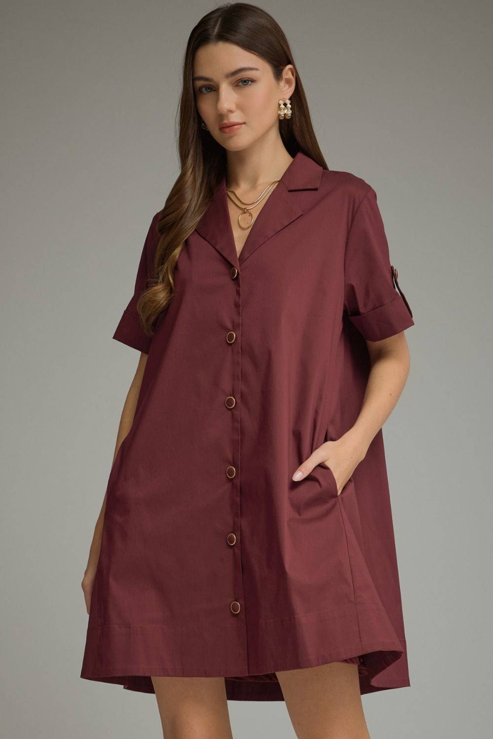 ENTRO Solid Short Sleeve Mini Dress With Shirt Collar In Wine