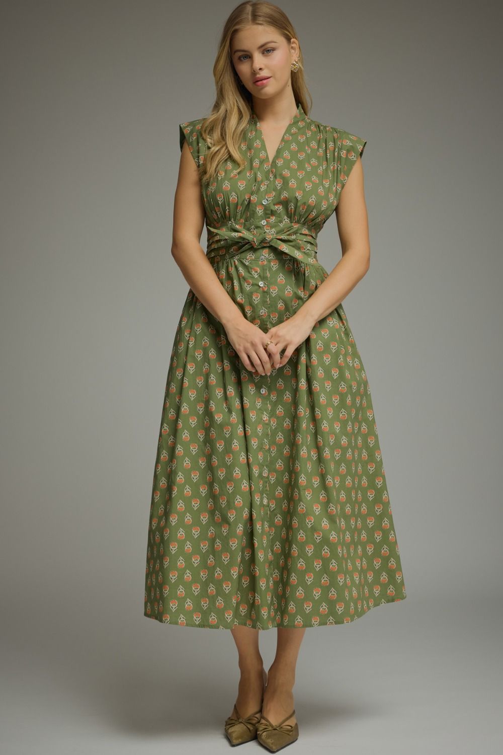 ENTRO Geo Print Sleeveless Midi Dress In Olive