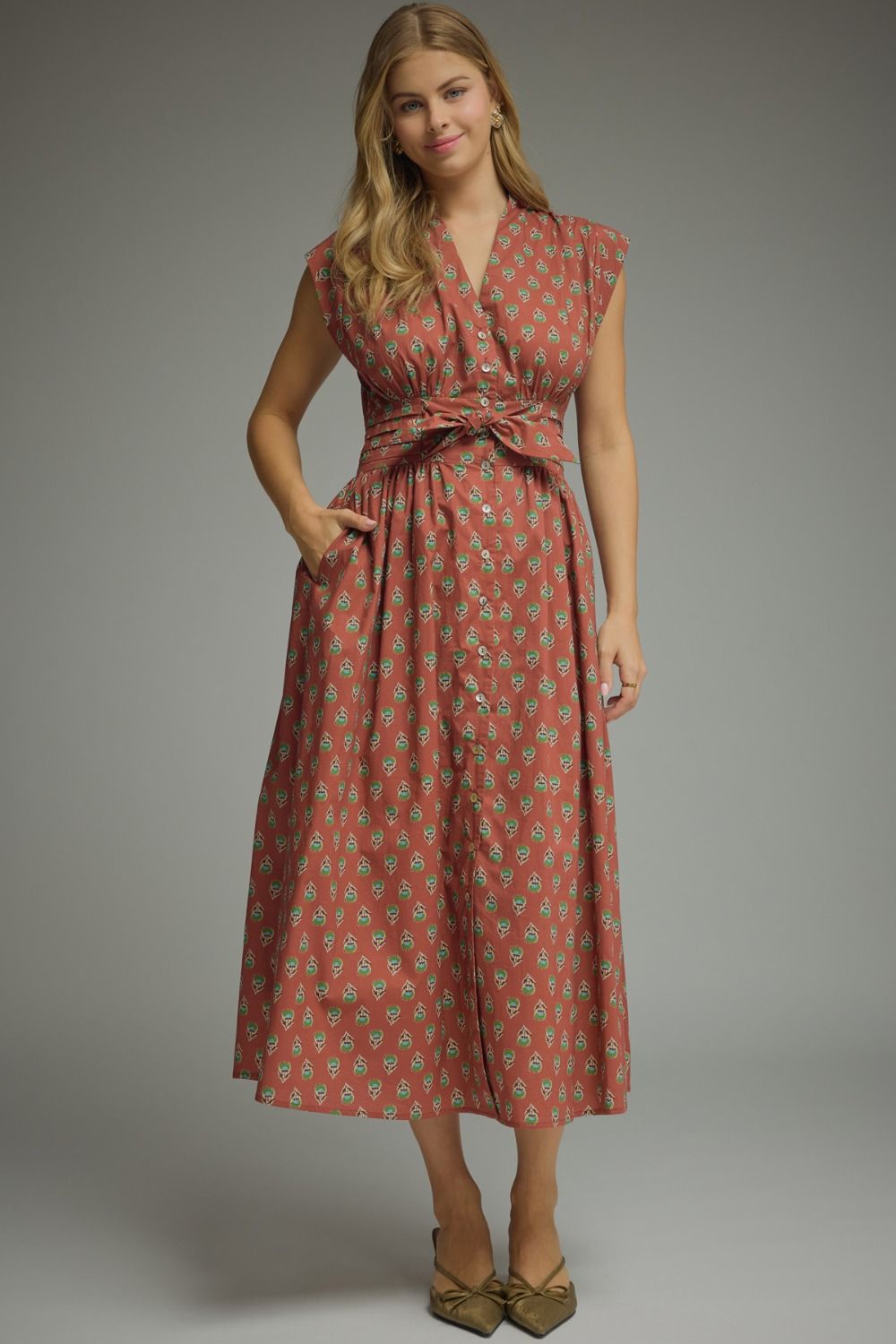 ENTRO Geo Print Sleeveless Midi Dress In Rust