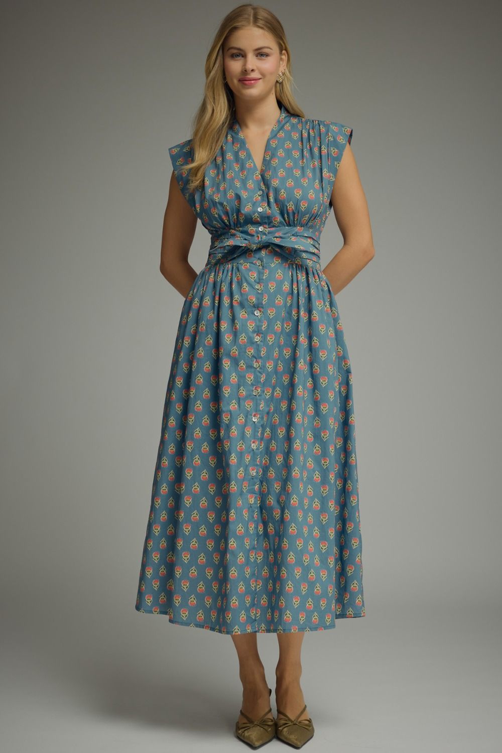 ENTRO Geo Print Sleeveless Midi Dress In Slate Blue *COMING SOON*