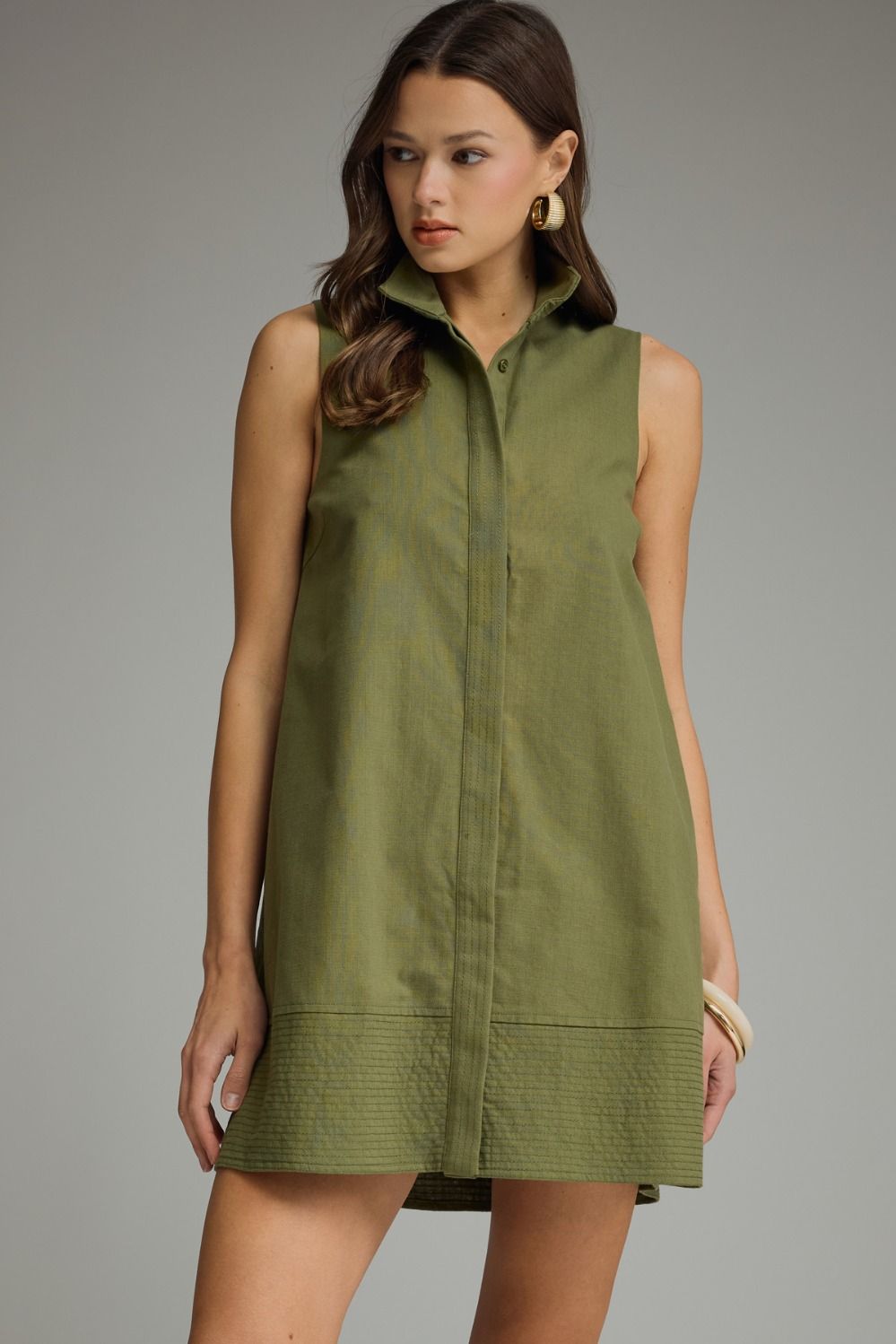 Entro Stand Collar Sleeveless Mini Dress In Olive