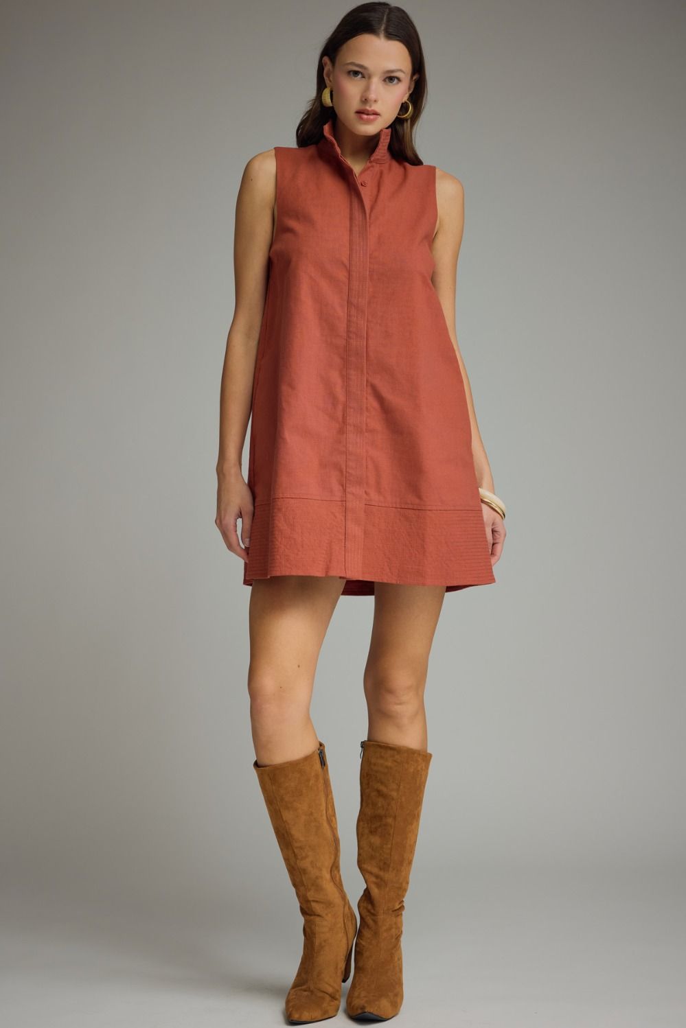 ENTRO Solid Stand Collar Sleeveless Mini Dress In Rust *COMING SOON*