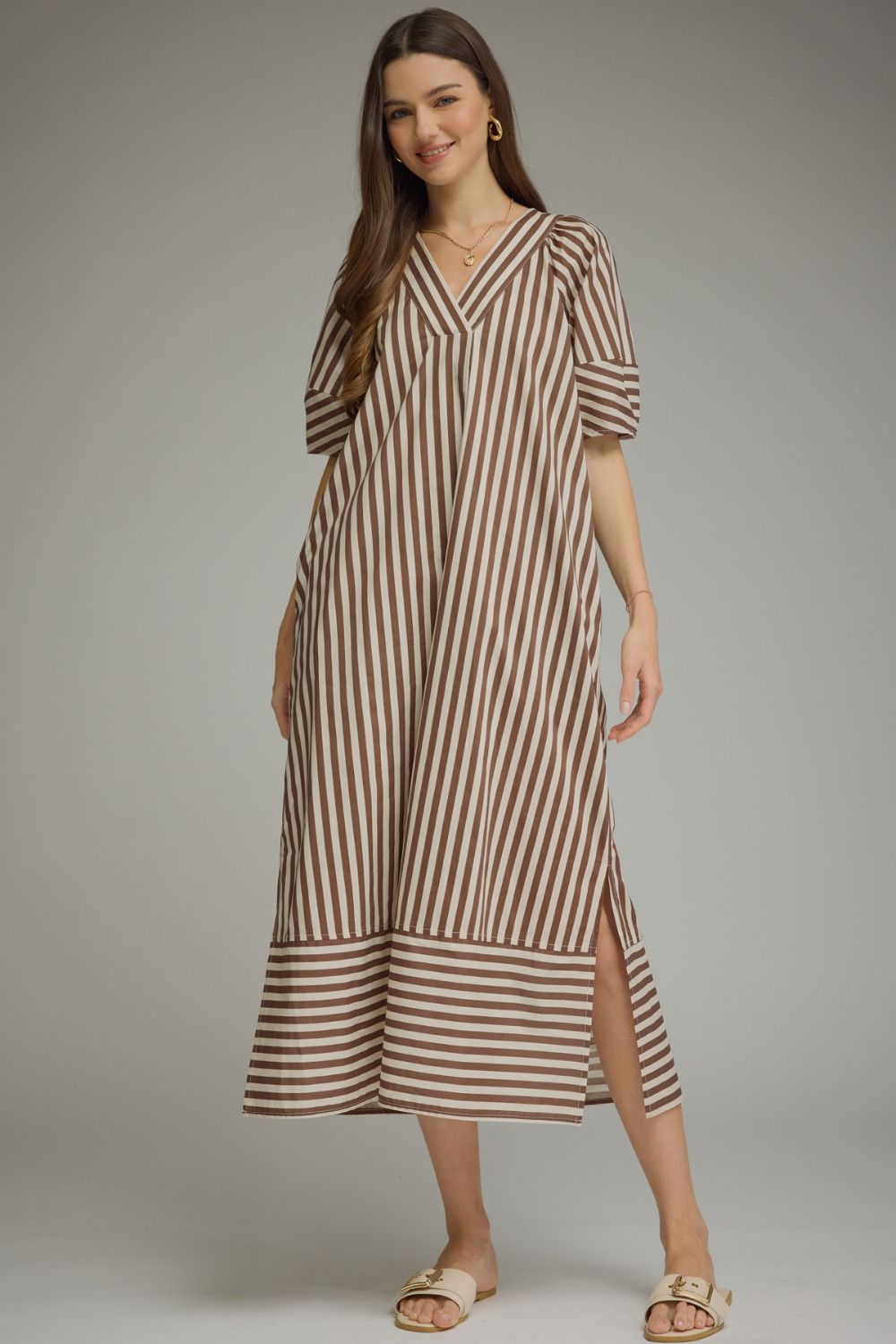 Entro Midi Dress In Brown Ecru